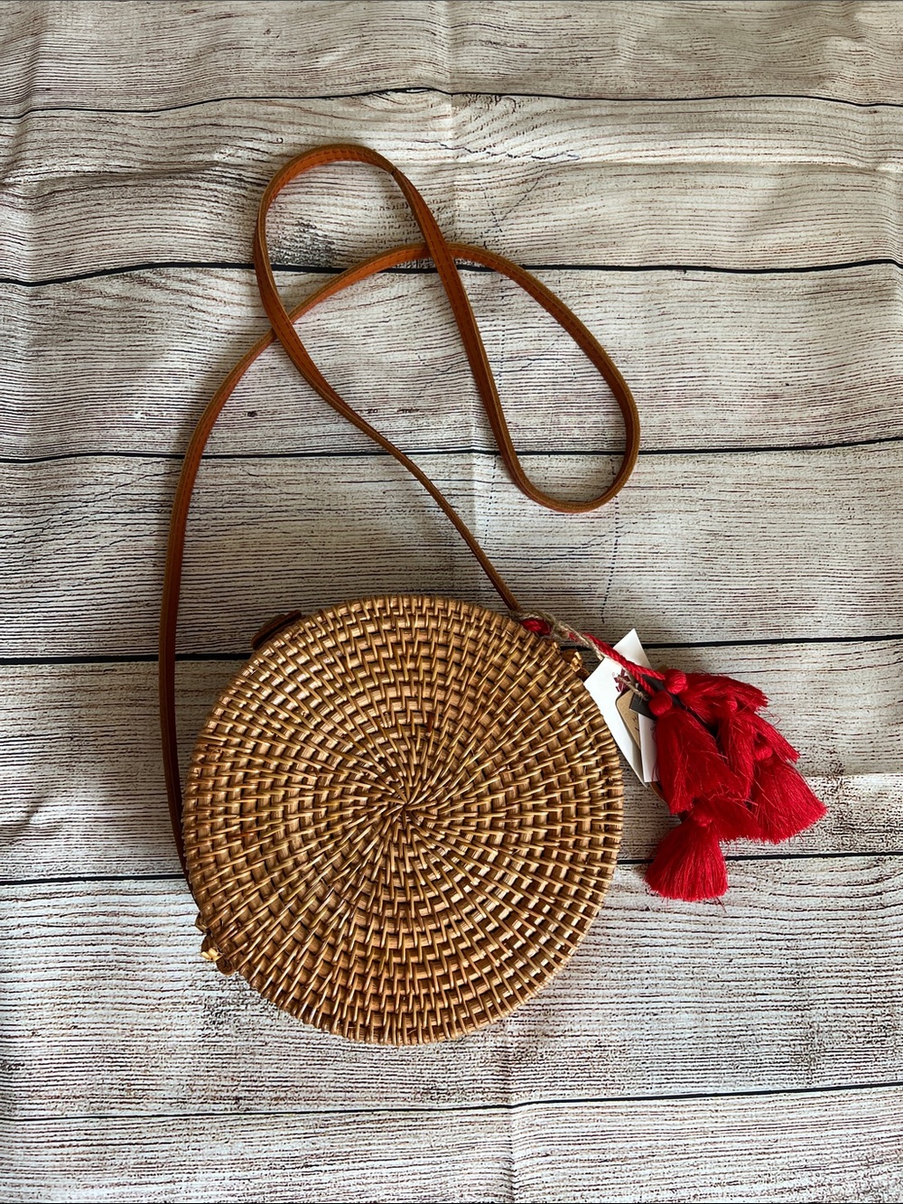 NWT Round Woven Crossbody Bag with Red Tassels